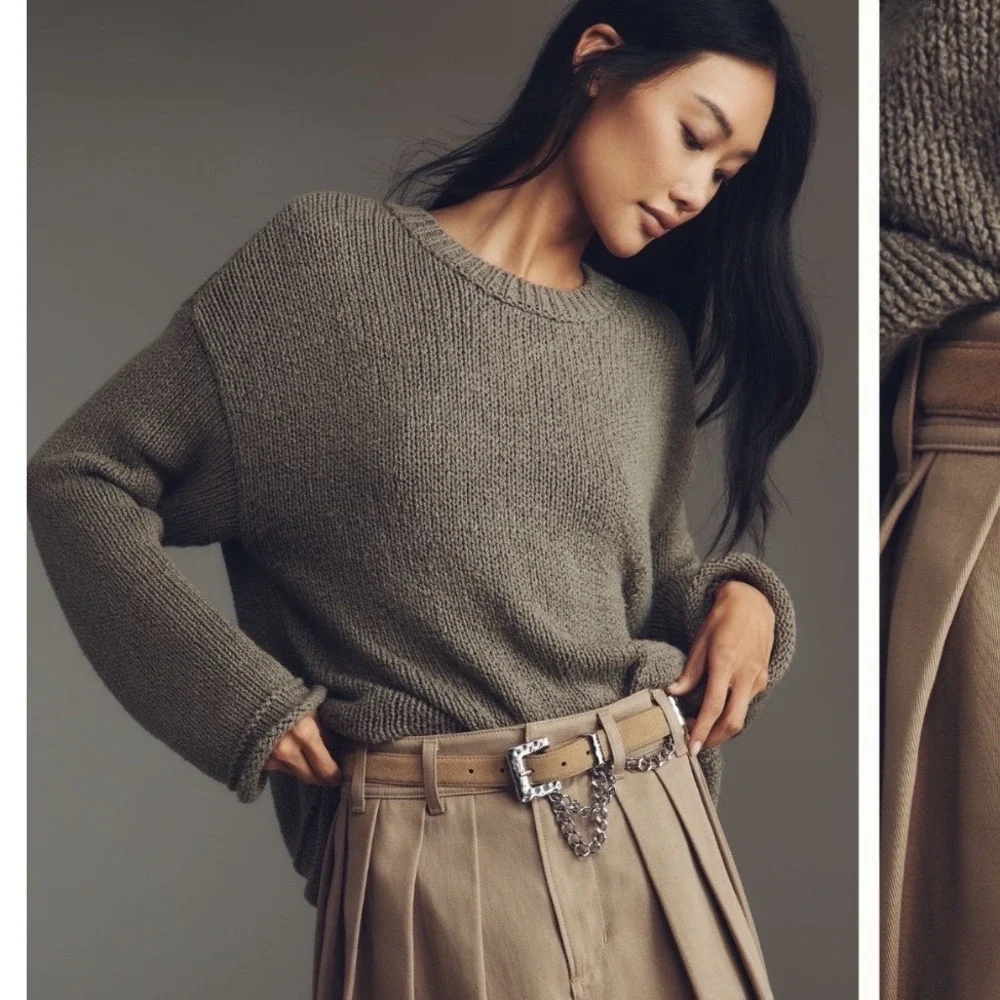 NWT Anthropologie‎ Double Chain Belt XL Taupe Suede Silver Hammered Buckle